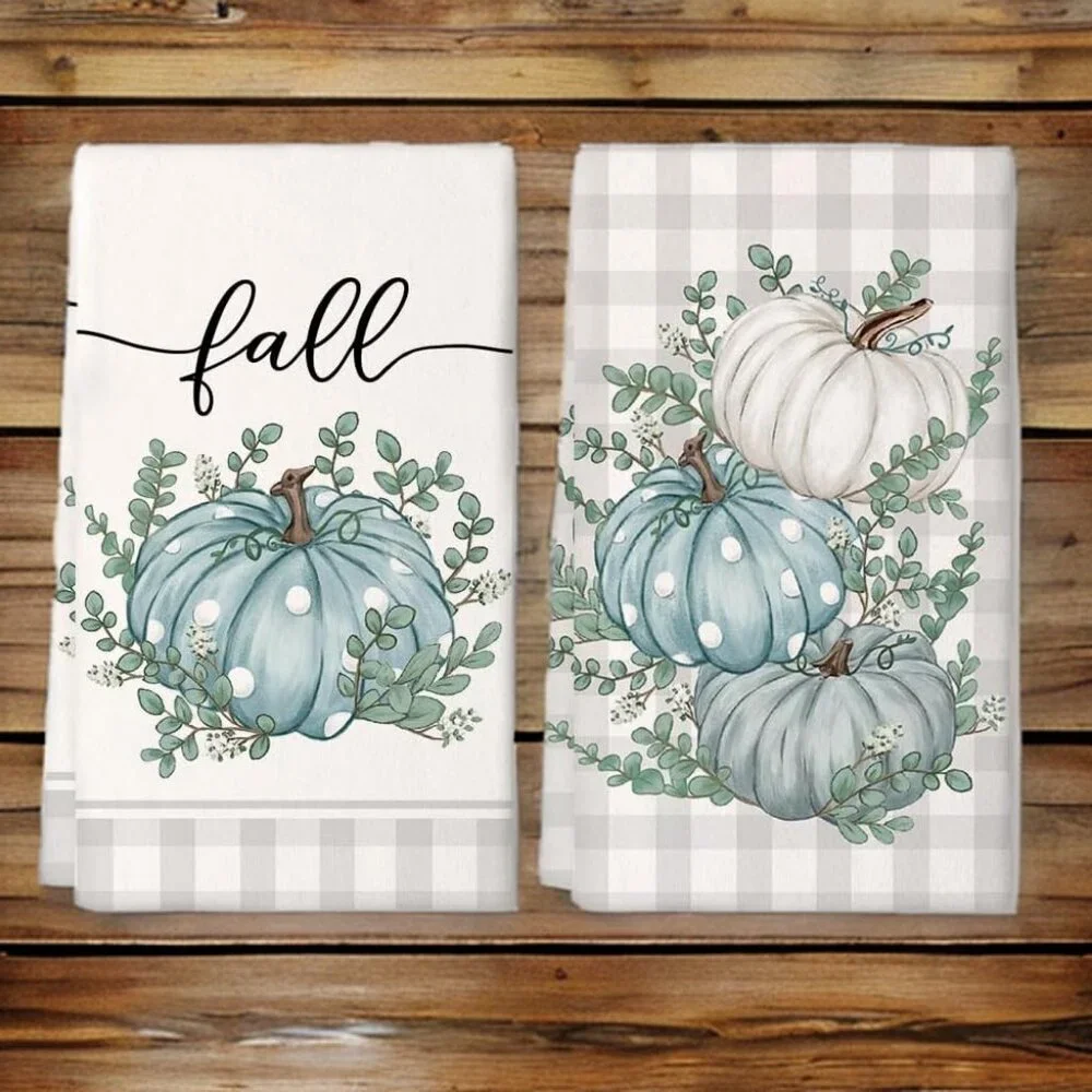 Fall Kitchen Towels Pumpkin Autumn Holiday Thanksgiving Farmhouse Cottage Decor